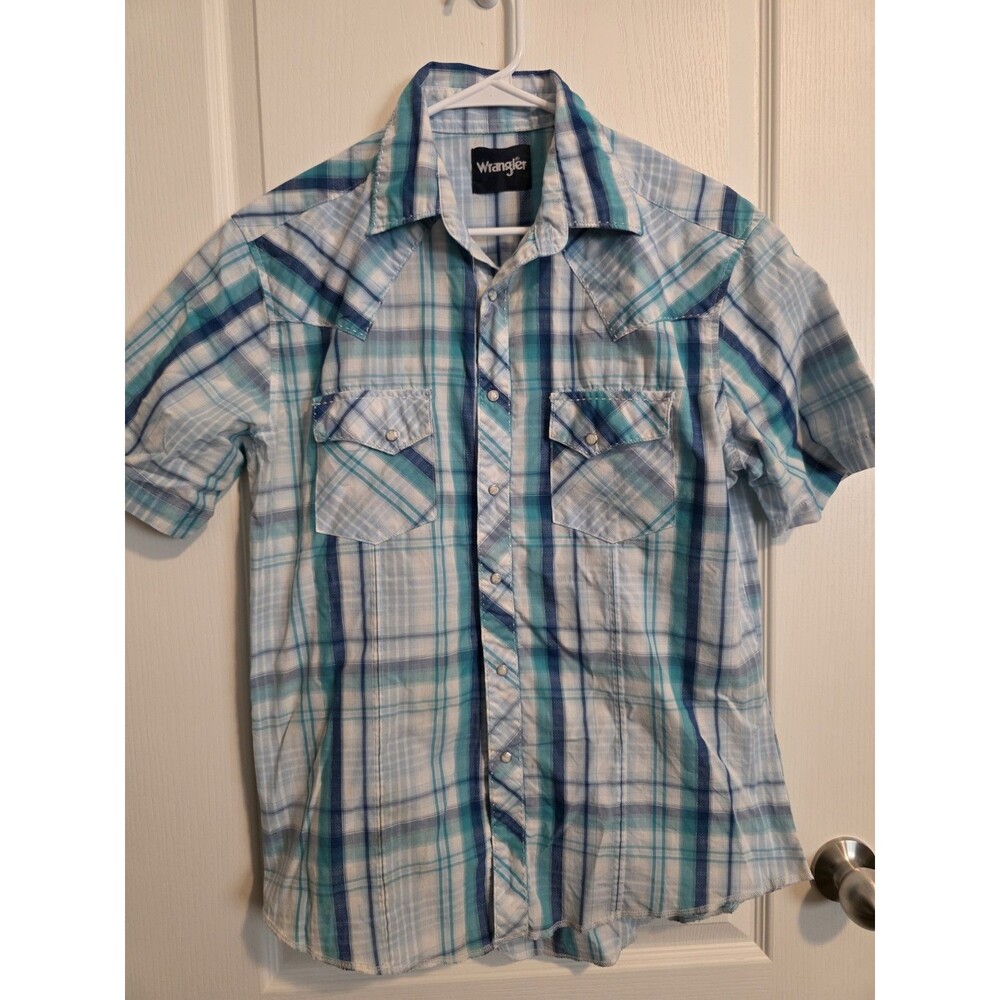 WRANGLER WESTERN SHIRT MENS SZ MED SHORT SLEEVE BLUE Cowboy PLAID (267)